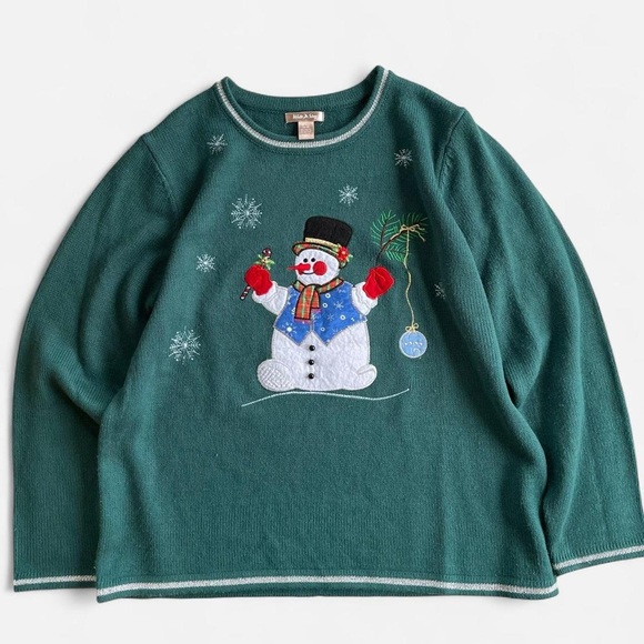 White Stag Sweaters - White Stag Lightweight Green Knit Embroidered Christmas Snowman Sweater XL